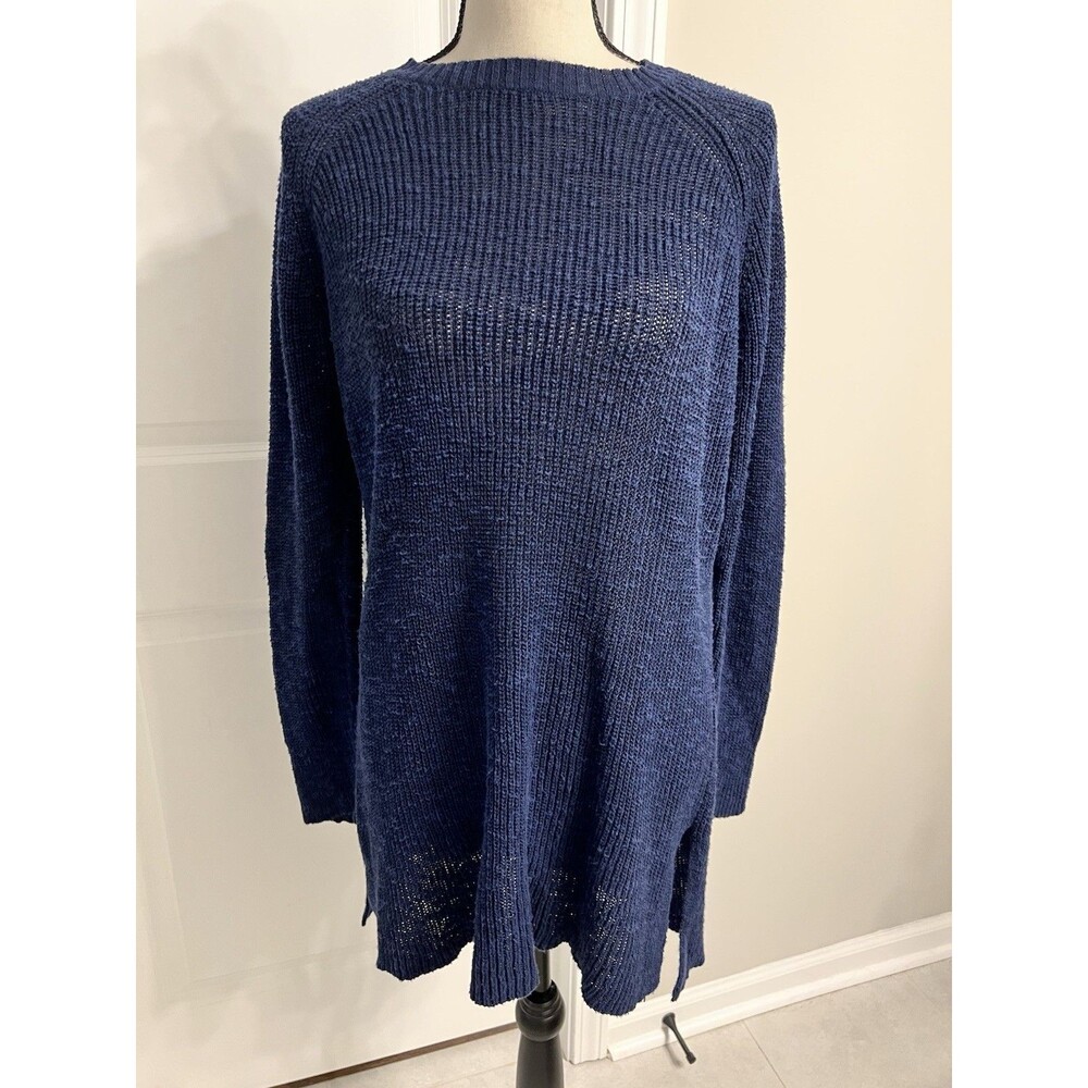 Eileen Fisher Navy Tunic Sweater Linen Cotton Blend Large EUC